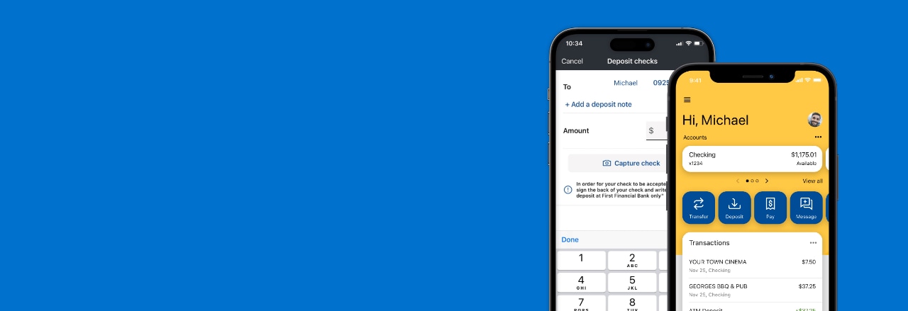 Smartphone displaying First Financial Bank mobile app's deposit screen