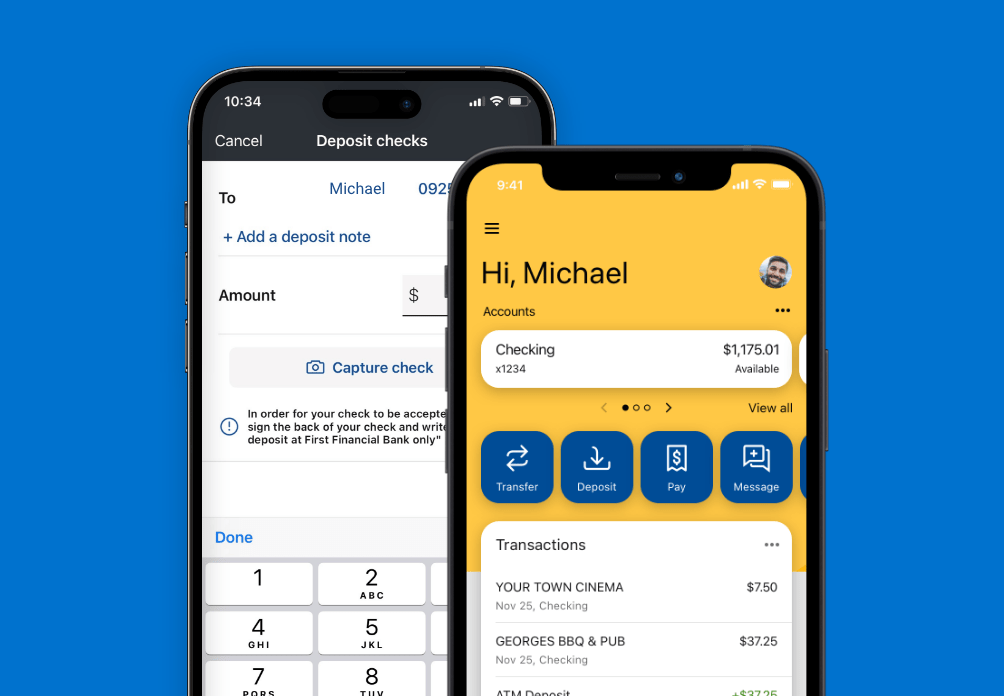 Smartphone displaying First Financial Bank mobile app's deposit screen