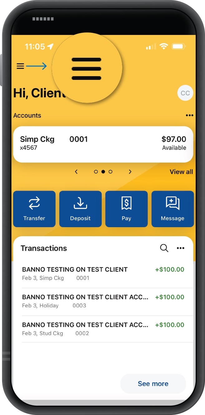 First Financial Bank mobile app with menu icon highlighted