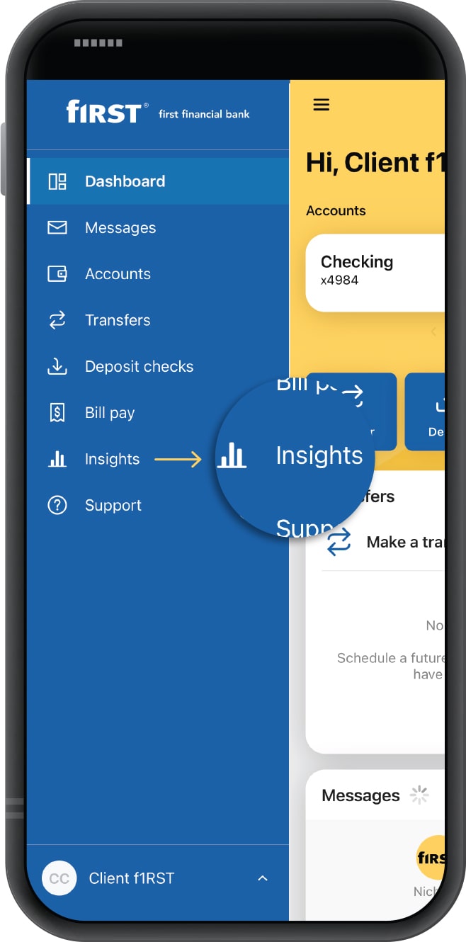 Smartphone displaying First Financial Bank mobile app with Insights tool highlighted in menu