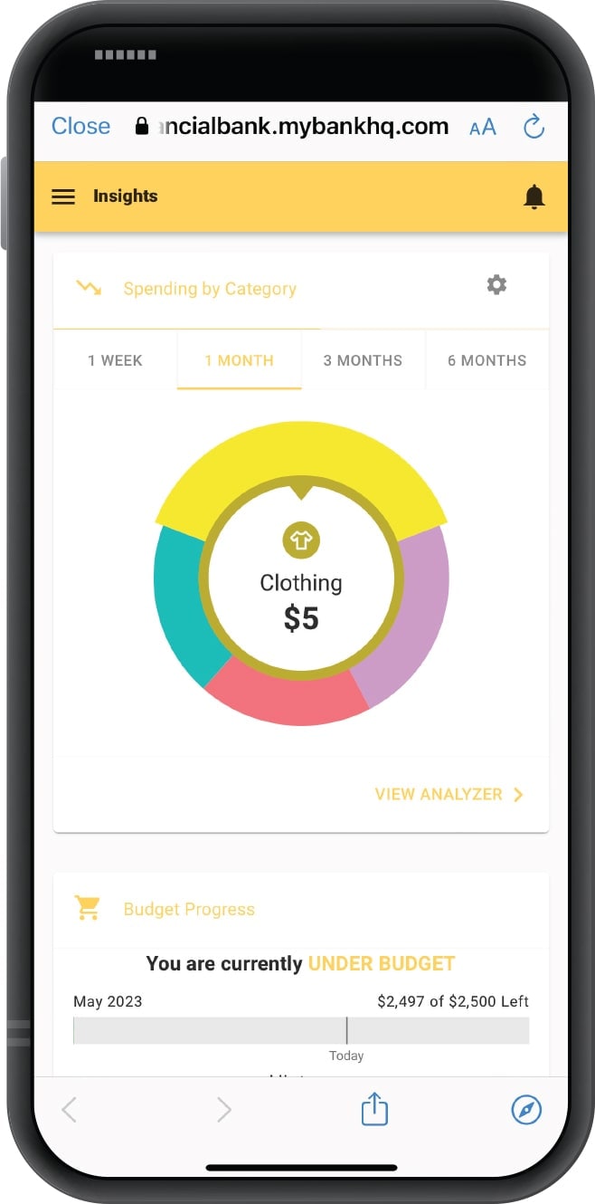 First Financial Bank mobile app with Insights "Spending by Category" feature displayed