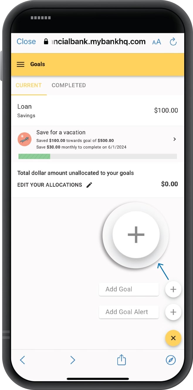 Smartphone displaying First Financial Bank's Insights tool showing an in-progress goal
