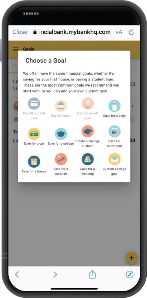 Smartphone displaying First Financial Bank's Insights tool with "Choose a Goal" screen open