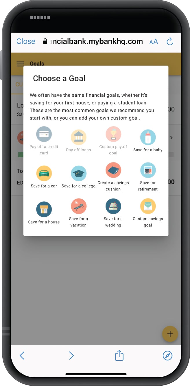 Smartphone displaying First Financial Bank's Insights tool with "Choose a Goal" screen open