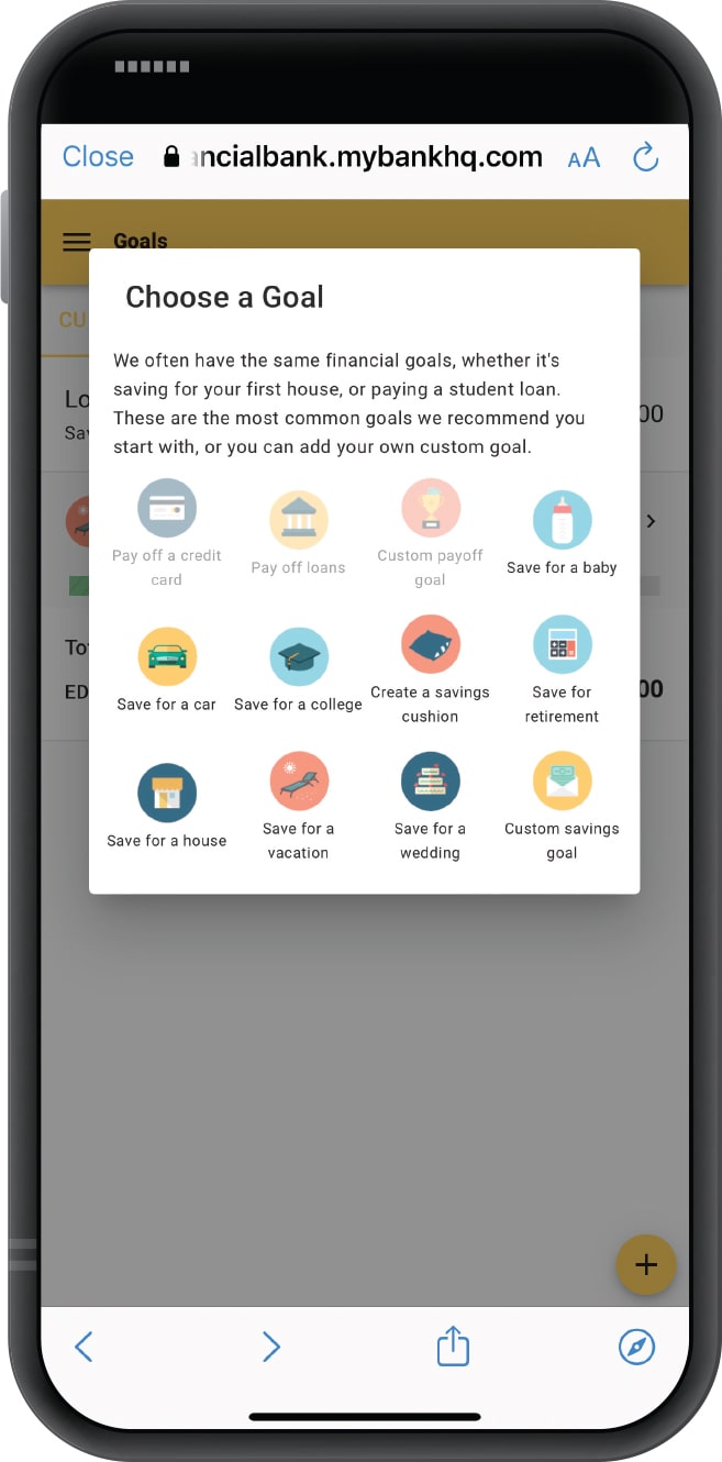 Smartphone displaying First Financial Bank's Insights tool with "Choose a Goal" screen open