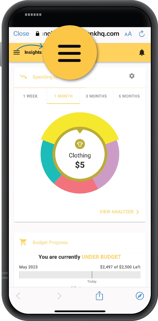 Smartphone displaying First Financial Bank mobile app's Insights tool with menu icon highlighted