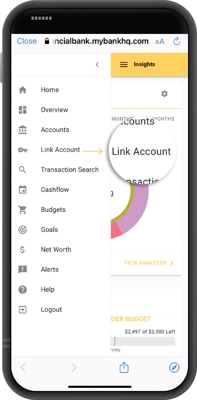 Smartphone displaying First Financial Bank's Insights tool with "Link Account" option highlighted