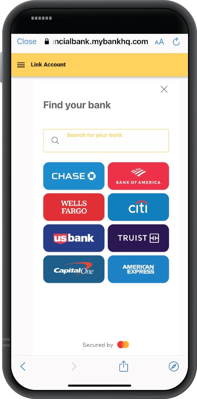 Smartphone displaying First Financial Bank's Insights tool with account-linking "Find your bank" option open