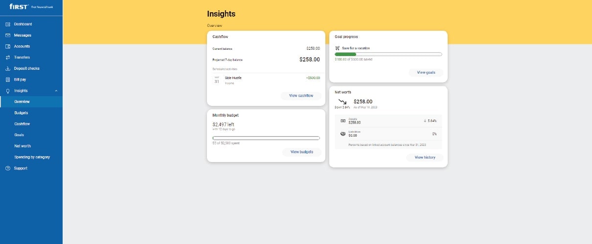 Screenshot of home screen of First Financial Bank's Insights tool