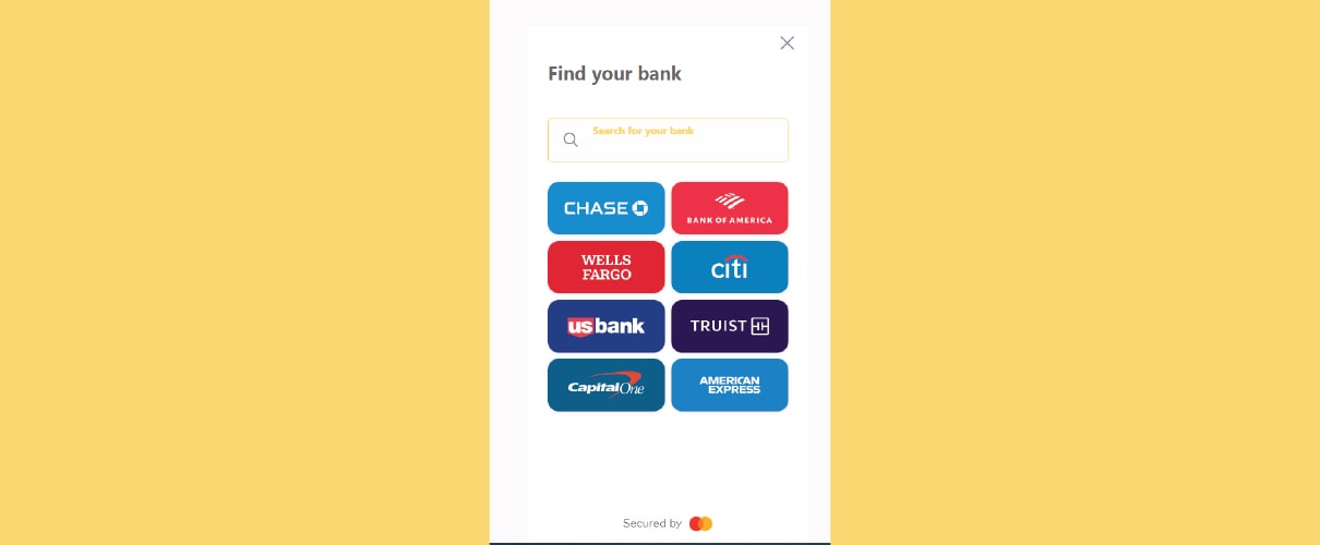 Desktop display of First Financial Bank's Insights tool with account-linking "Find your bank" option open