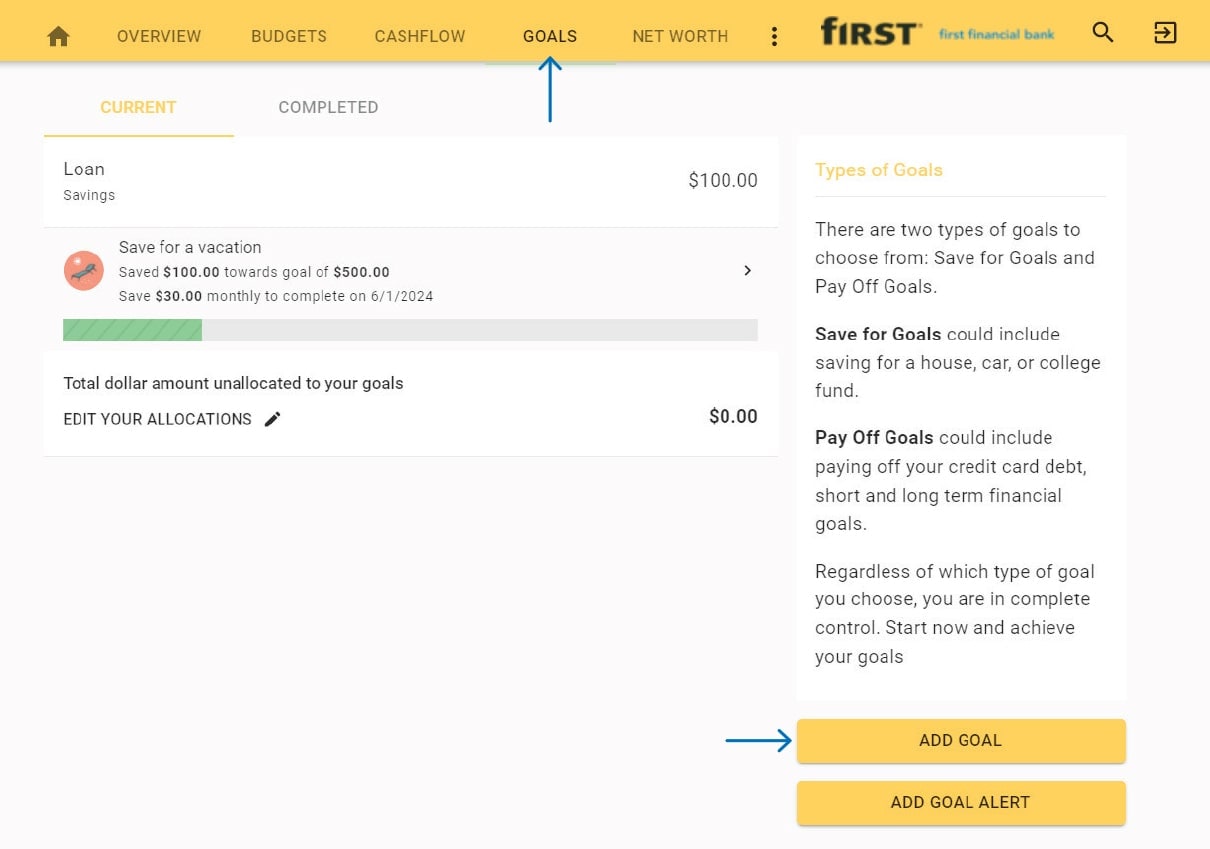 Desktop display of First Financial Bank Insights tool's current goals tab