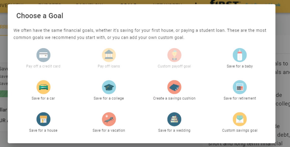 Desktop display of First Financial Bank Insights tool's "Choose a goal" screen