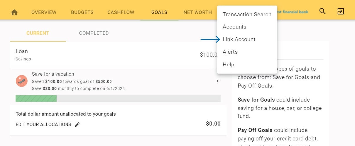 Screenshot of First Financial Bank's Insights tool with "Link Account" option highlighted
