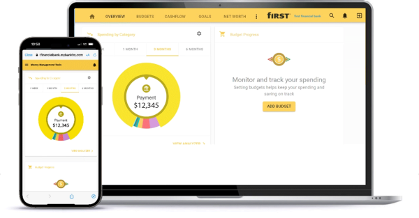 Smartphone and laptop displaying First Financial Bank's money management tools