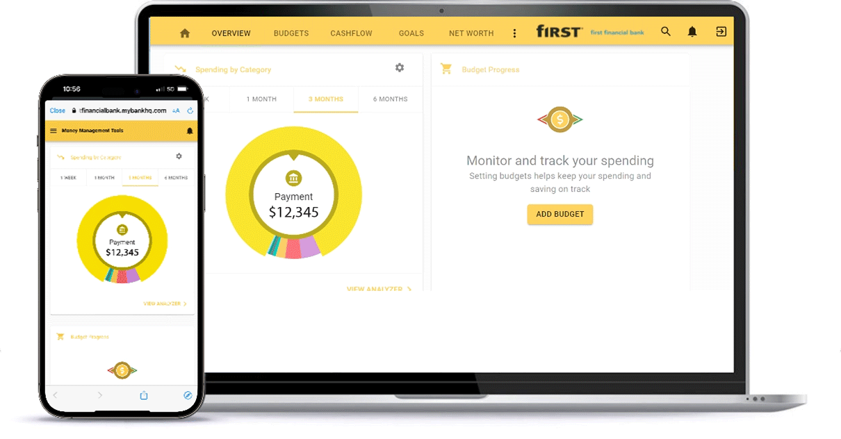 Smartphone and laptop displaying First Financial Bank's money management tools