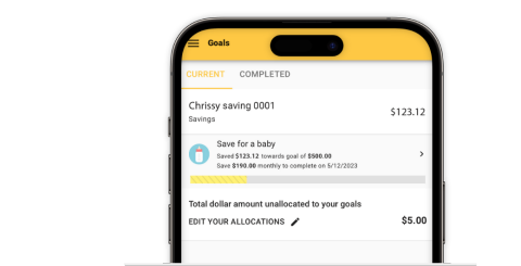 Smartphone displaying savings goals in First Financial Bank's money management tool