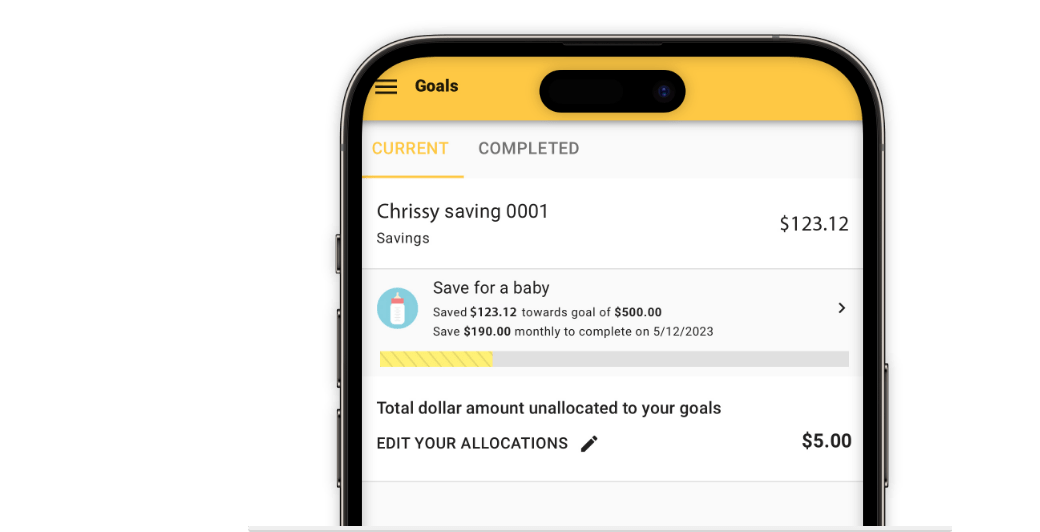 Smartphone displaying savings goals in First Financial Bank's money management tool