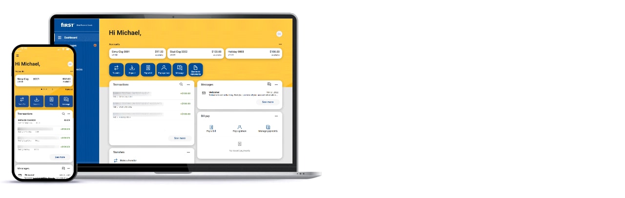 Smartphone displaying First Financial Bank mobile app next to laptop displaying First Financial Bank online banking screen