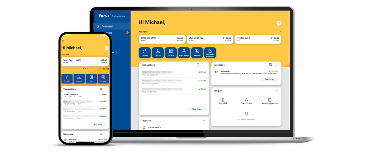 Smartphone displaying First Financial Bank mobile app next to laptop displaying First Financial Bank online banking screen