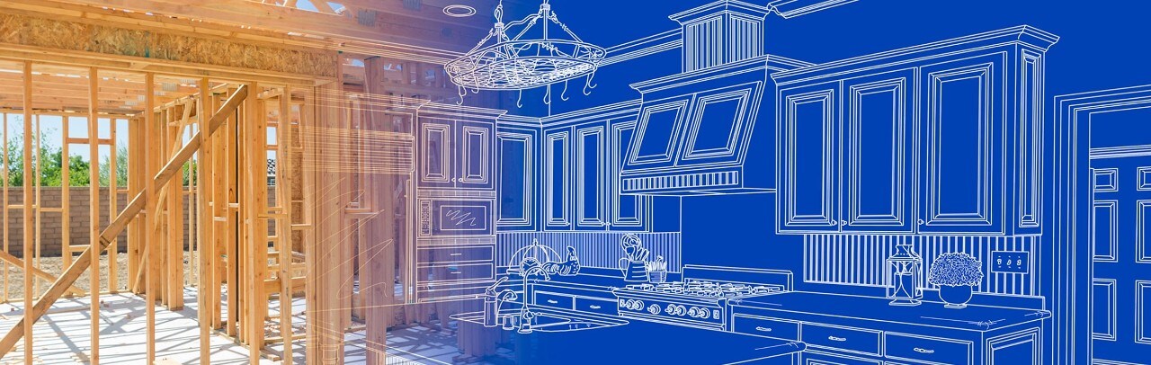 Kitchen construction photo blending into rendering illustration