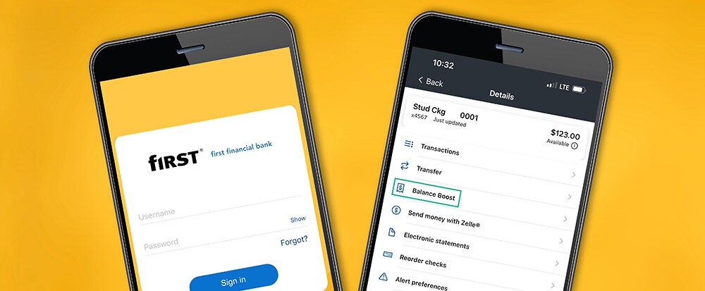 Two smartphones, one featuring the First Financial mobile app, and the other navigated to the Balance Boost application link