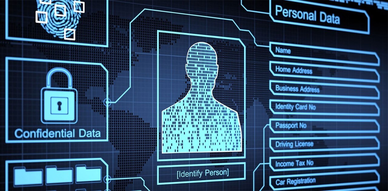 A digital screen with pixelated person and a lock that says confidential data