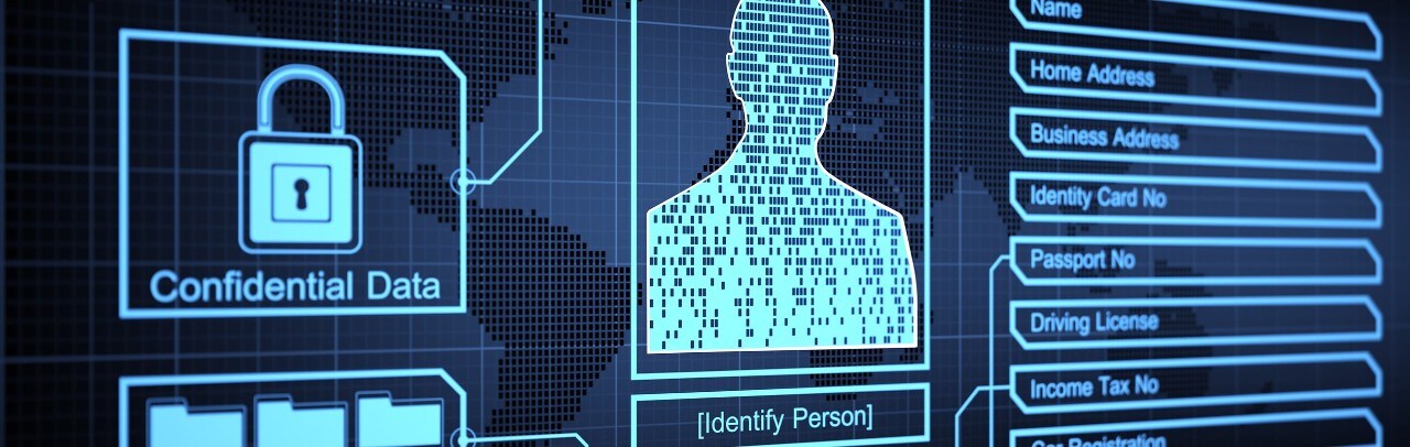 A digital screen with pixelated person and a lock that says confidential data