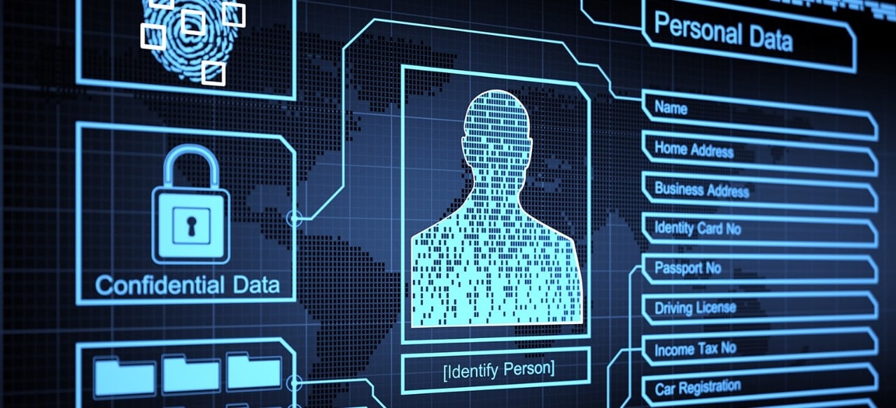 A digital screen with pixelated person and a lock that says confidential data