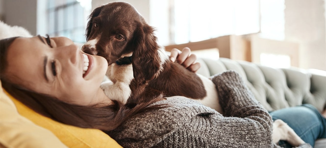 Puppy licking woman’s cheek while laying on couch