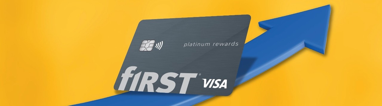 First Financial Bank credit card on top of blue growth arrow