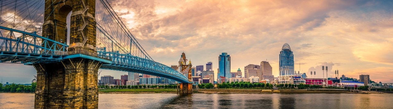 Cincinnati skyline with Roebling Suspension Bridge in the foreground