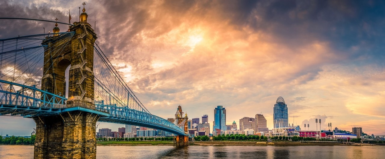 Cincinnati skyline with Roebling Suspension Bridge in the foreground