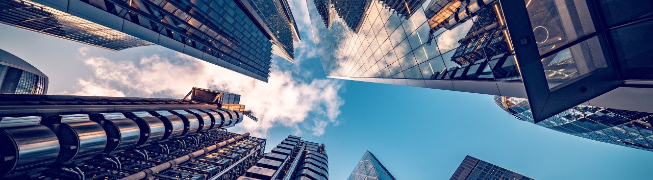 View of a financial district's skyscrapers from a ground-up perspective