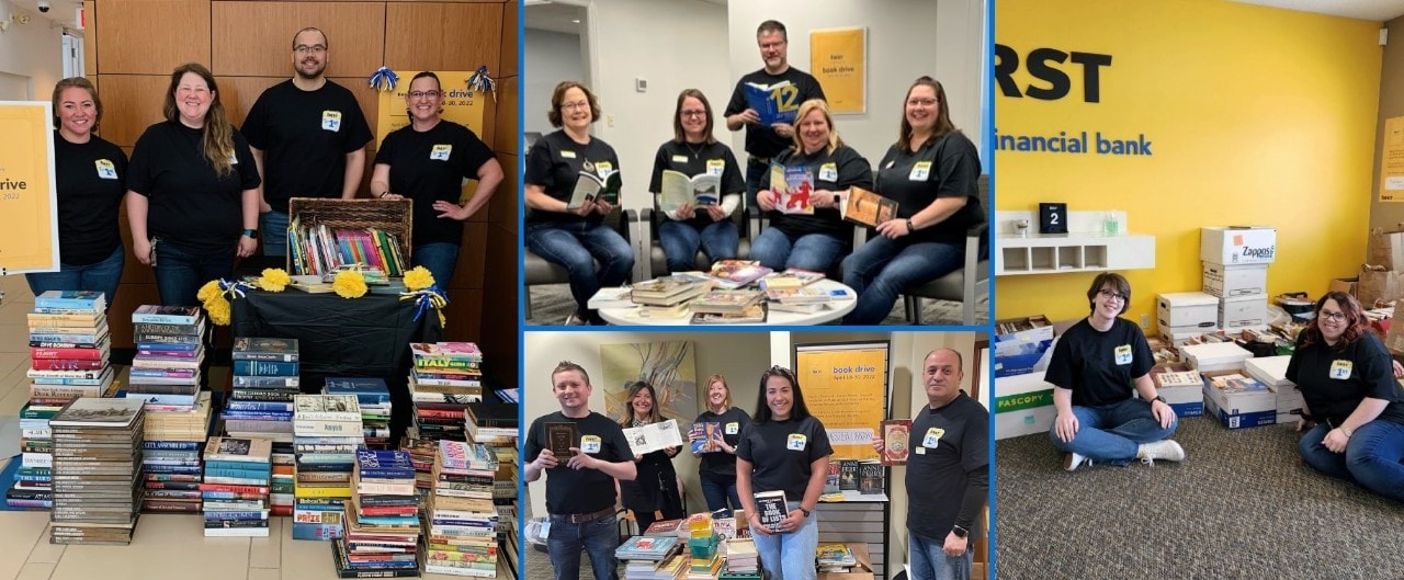 Collage of First Financial associates participating in book drive