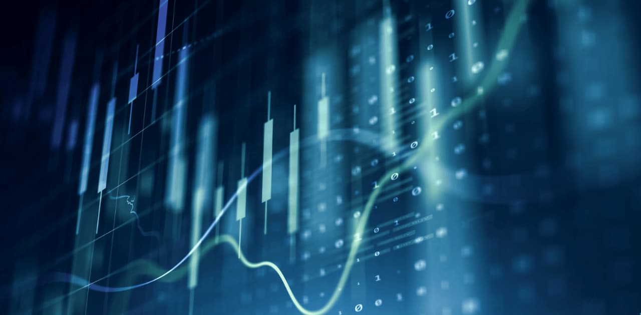 A digital financial chart with graphs, trend lines, and binary numbers, all set on a blue background.