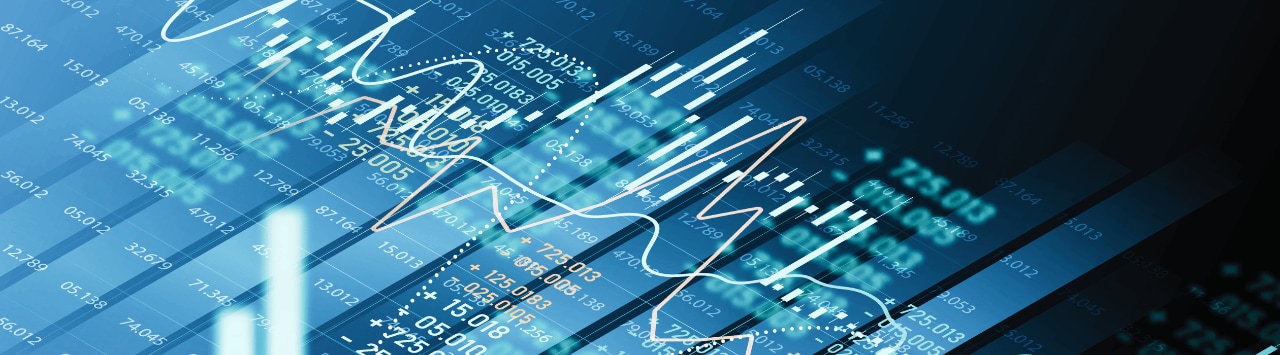 Blue digital stock market chart with financial data, candlestick graphs, and trend lines.
