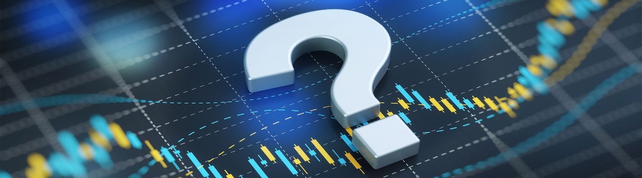 Question mark sitting over digital financial graph