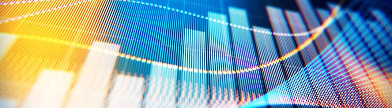 Financial data analysis bar graph displayed on a digital screen