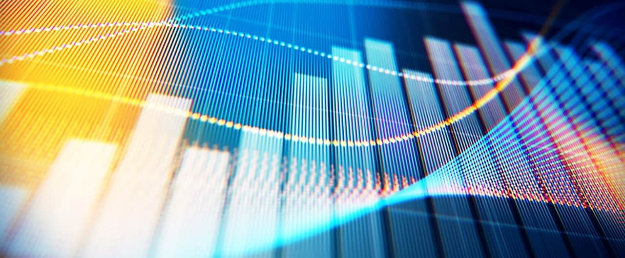 Financial data analysis bar graph displayed on a digital screen