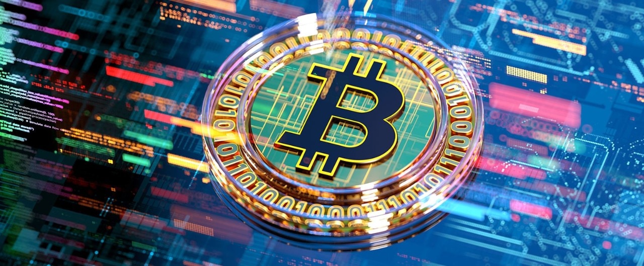 Bitcoin symbol superimposed over rapidly-moving digital stock market data