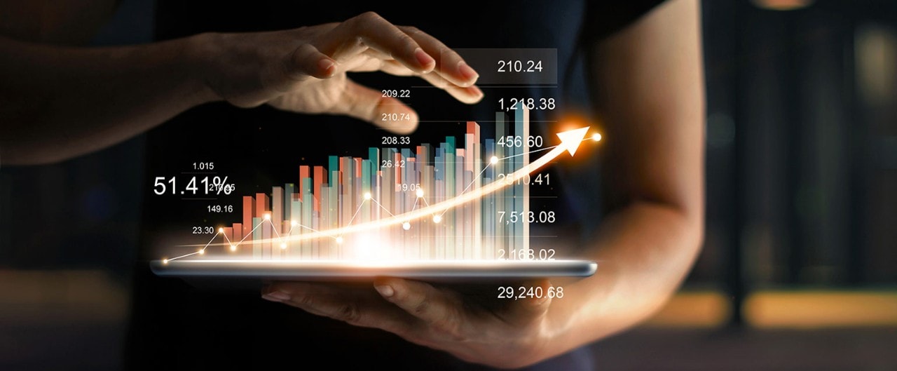 Person holding tablet showing virtual hologram of statistics, graph and chart with arrow up on dark background