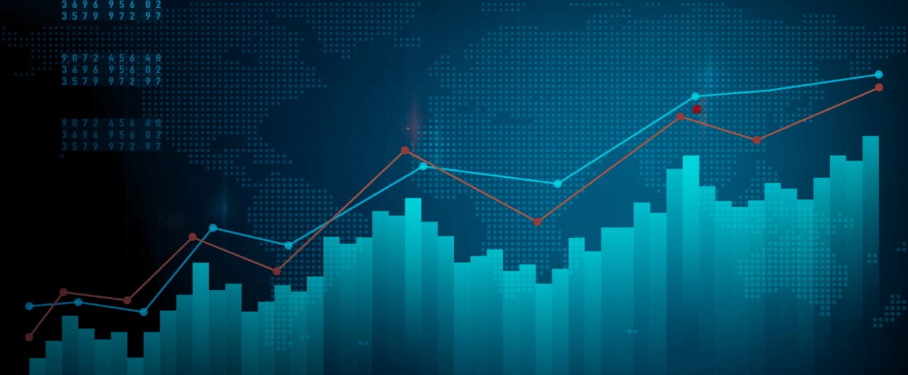 A digital financial chart with graphs, trend lines, and binary numbers, all set on a blue background.
