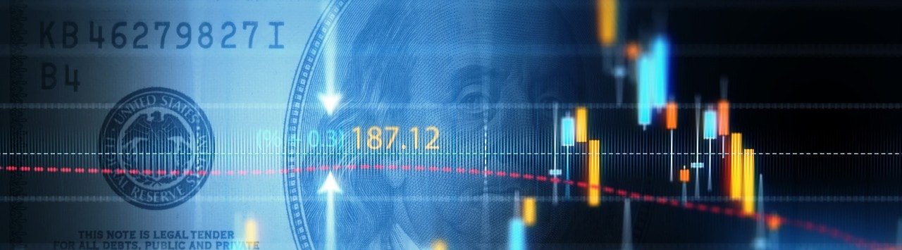 Financial data analysis graph showing market trends over one hundred American dollar bill on a digital display