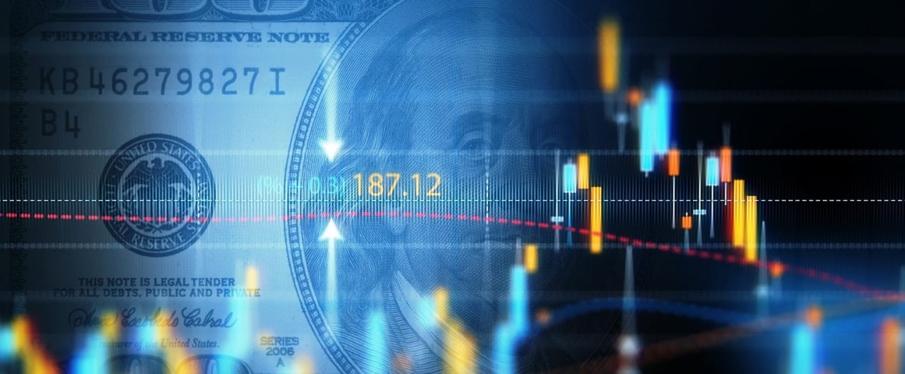 Financial data analysis graph showing market trends over one hundred American dollar bill on a digital display