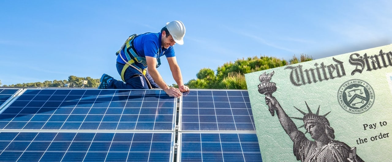 Tax refund check overlaid on photo of installer placing solar panels on roof of home