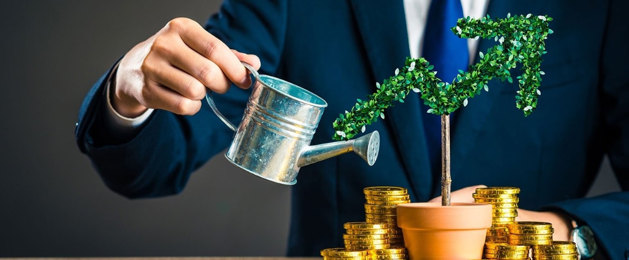 Businessman watering a tiny tree with a stack of coins at the base showing how he plans to grow wealth safely