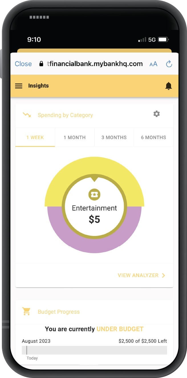 Phone image of banking app displaying spending by category circle graph