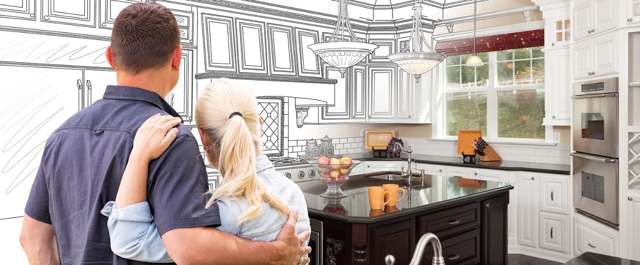Couple facing custom kitchen drawing gradating to photo