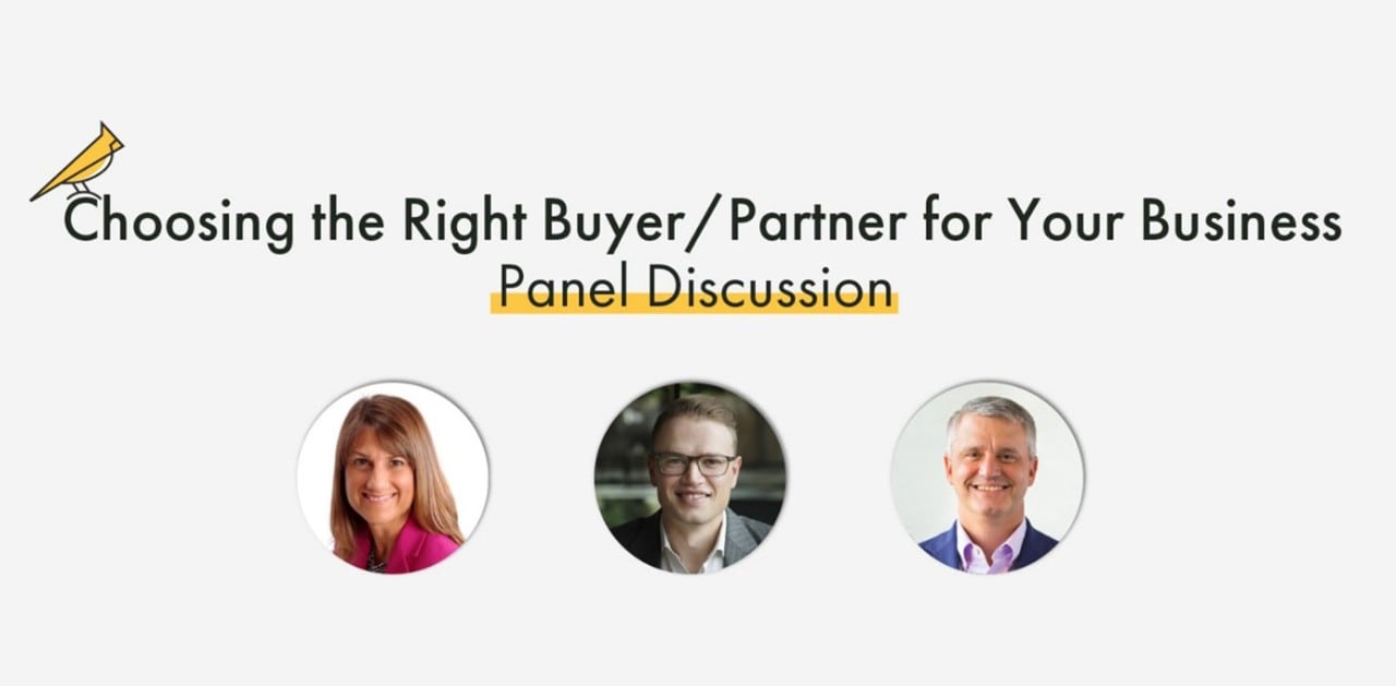 "Choosing the Right Buyer/Partner for Your Business Panel Discussion," with Beth Savage, Augie Pence, and Mike Mendenhall's headshots