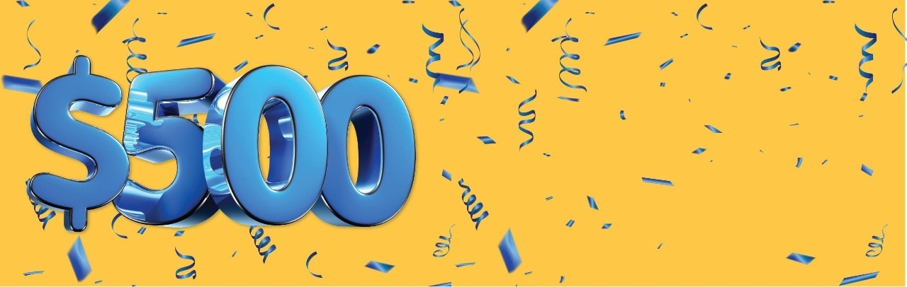 $500 on yellow background with blue confetti 
